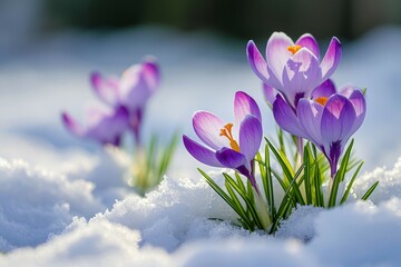 Blooming purple crocuses emerging from under a blanket of melting snow, symbolizing the arrival of early spring, vibrant purple against the white snow