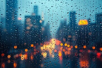 View through a windowpane covered in water droplets, creating a mosaic of the busy cityscape outside, abstract and dynamic, contrasting the sharpness of the droplets with the softened urban scene