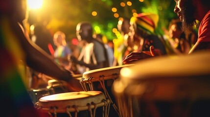 Closeup of a group of drums being played at a reggae music concert. - obrazy, fototapety, plakaty