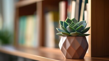 Closeup of a trendy succulent plant in a geometric planter on a bookshelf.