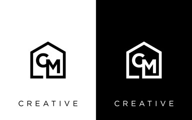 modern CM letter real estate logo in linear style with simple roof building in blue - obrazy, fototapety, plakaty