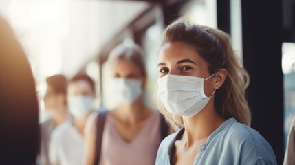 Closeup of a group of people laughing and talking while wearing face masks.