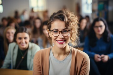 Confident young female student smiling in a classroom - obrazy, fototapety, plakaty