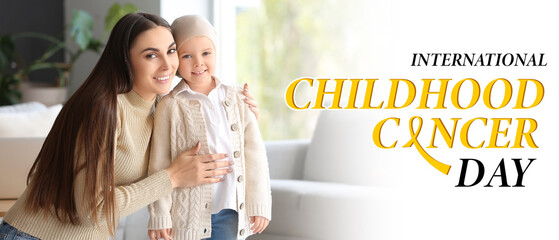 Banner for International Childhood Cancer Day with little girl after chemotherapy and her mother at home - obrazy, fototapety, plakaty
