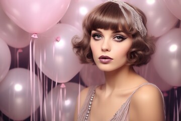 Elegant woman with a vintage hairstyle and pink balloons