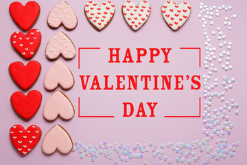 Festive banner for Valentines Day with heart shaped cookies and confetti