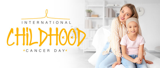 Banner for International Childhood Cancer Day with little girl and her mother in clinic - obrazy, fototapety, plakaty