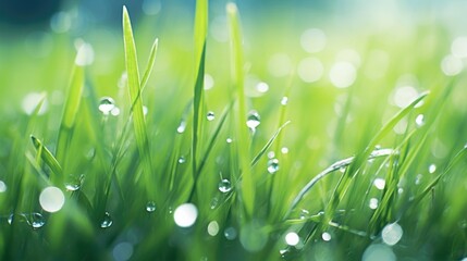 Dewdrops glistening on blades of grass, a visual representation of the freshness and rejuvenation found in meditation.