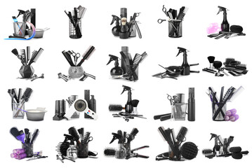 Set of many different hairdresser's tools on white background