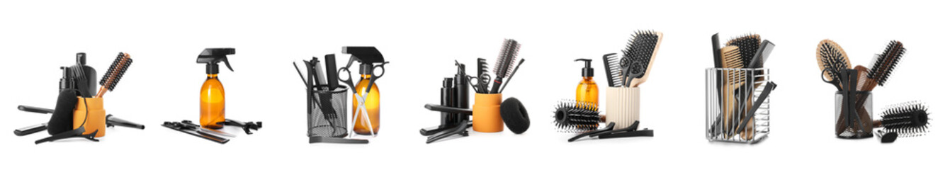 Set of many different hairdresser's tools isolated on white