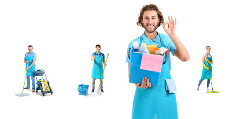 Team of workers of cleaning service on white background