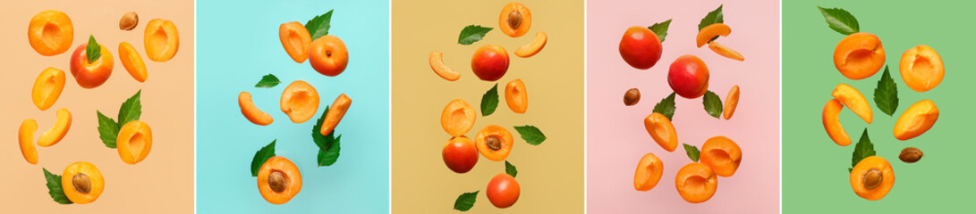 Collage with many flying apricots on color background