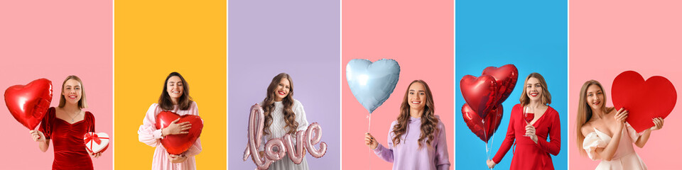 Collage of beautiful young women celebrating Happy Valentines Day on color background