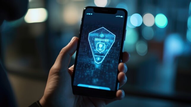 Detailed shot of a hand holding a smartphone with an educational video on online security displayed.