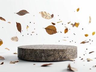 display product in dark brown stones with flying leaf on white background. with texture, shadow, luxury, elegant, modern, minimal design