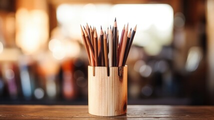 Closeup of a rustic wooden pencil holder filled with various writing utensils.