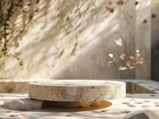 product display natural podium pedestal beige color background cream podium natural stone white and flying leaf background with texture, shadow, modern, simple, minimal