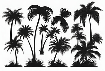 Set of palm trees black color and isolated white background - obrazy, fototapety, plakaty