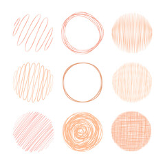 Zestaw ręcznie rysowanych kół. 9 okrągłych kształtów z linii w kolorze peach fuzz.