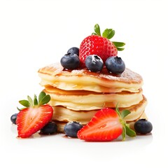A stack of pancakes with strawberries and blueberries