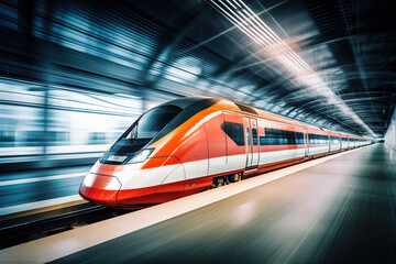 Modern high speed train in futuristic train station