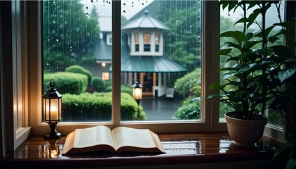 Rain-kissed windowpanes framing a cozy reading nook, inviting introspection on a rainy day