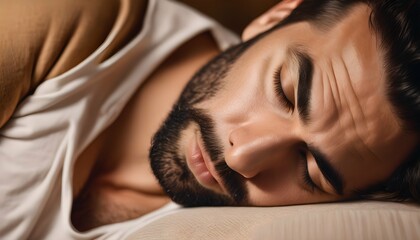 Relaxed man sleeping soundly on a comfortable bed surrounded by warm, muted hues