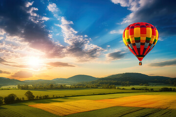 Colorful hot air balloon over blooming field meadow at sunset