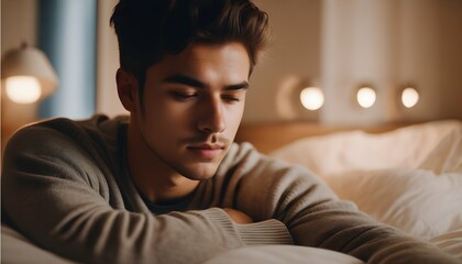 Young man peacefully dozing off in a warmly lit bedroom - obrazy, fototapety, plakaty