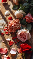 Valentine's day background, delicate flowers with petals on the floor