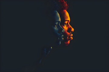 A Black History Month banner featuring silhouetted faces of African and African American men on a black background, representing celebration of diversity and cultural heritage. - obrazy, fototapety, plakaty