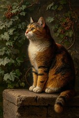 a calico cat painting realistically with impressionism-like paint spackling, impasto vintage