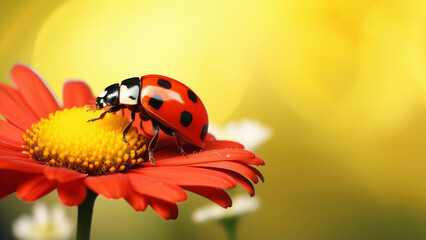 Close up Ladybug sitting on a red flower,  on blurred nature green background.