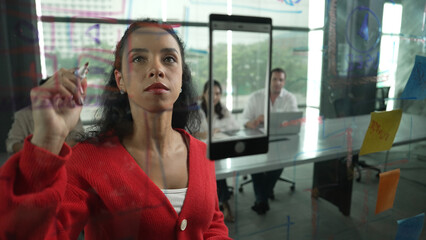 Portrait of hispanic businesswoman present start up marketing idea to investor. Female leader present brainstorming business plan written on sticky notes on glass wall at business meeting. Manipulator
