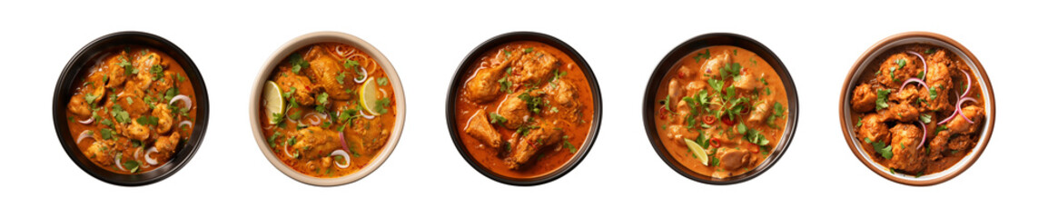 Collection bowl of tasty chicken curry dish from Indian cuisine isolated on a transparent background, top view - obrazy, fototapety, plakaty