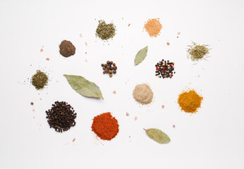 Composition with different fresh spices on light background
