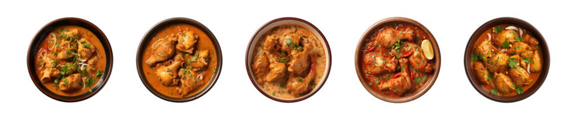 Collection bowl of tasty chicken curry dish from Indian cuisine isolated on a transparent...