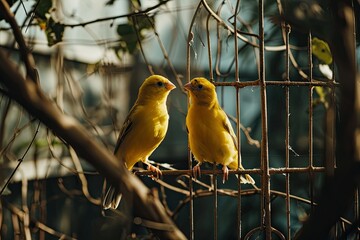 Fototapeta premium A canary interacting with a mirror in a cage, Awe-inspiring, Close-up View,
