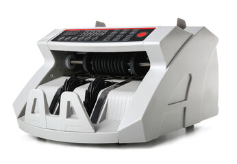 Modern cash counting machine on white background