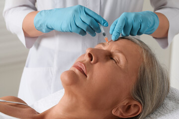 Naklejka premium Doctor giving facial injection to senior woman in clinic, closeup. Cosmetic surgery