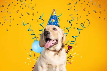 Happy cute domestic dog wearing colored party hat