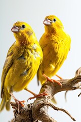 Fototapeta premium a Couple of Canary standing on small root, copy space on right, 