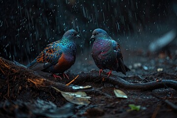 A couple of Nicobar Pigeon standing in small root in rain fall - Powered by Adobe