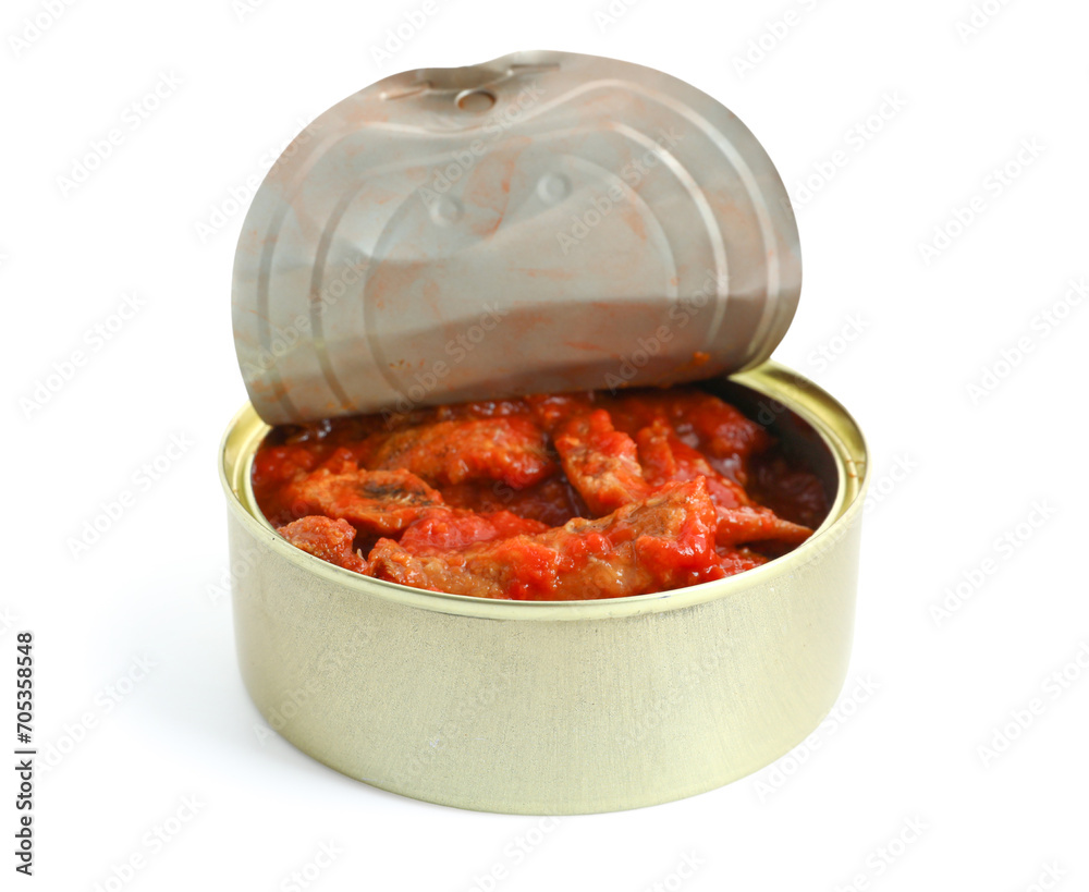 Wall mural opened tin can with fish in tomato sauce isolated on white background