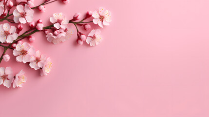 Fototapeta na wymiar Pink cherry blossom mock up, flat lay on a blank pink background with copy space, mockup, above view.