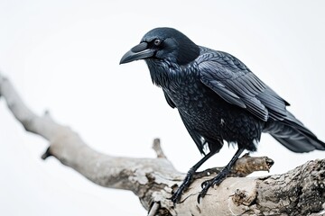 Naklejka premium a crow standing on small root, white copy space on right, 