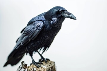 Fototapeta premium a crow standing on small root, white copy space on right, 