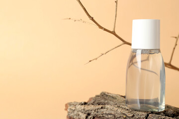 Bottle of micellar water with tree branch and bark on beige background, closeup