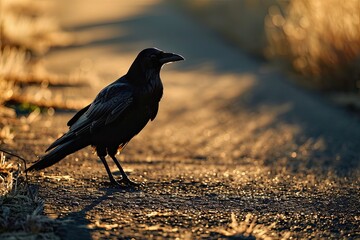 Obraz premium A long shadow of the crow is cast on the ground, 