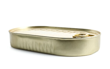 Tin can with fish isolated on white background
